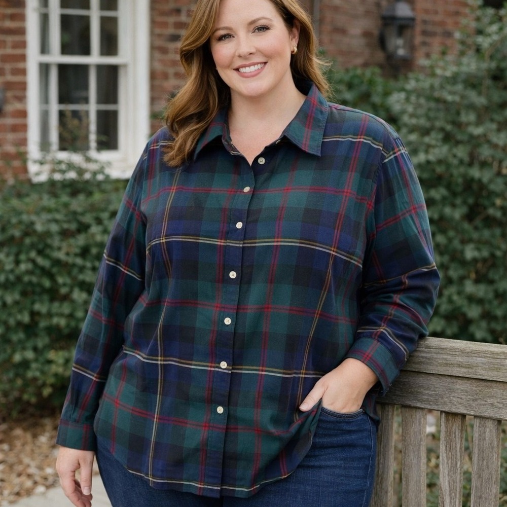 Talbots Plus Size‎ 2X Plaid Button Down Shirt Long Sleeve Cotton Women
